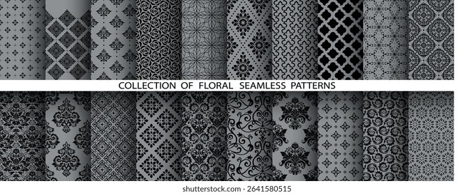 Geometric floral set of seamless patterns. Gray and black vector backgrounds. Damask graphic ornaments
