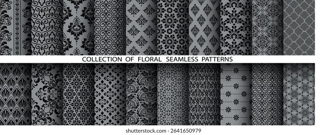 Geometric floral set of seamless patterns. Gray and black vector backgrounds. Damask graphic ornaments