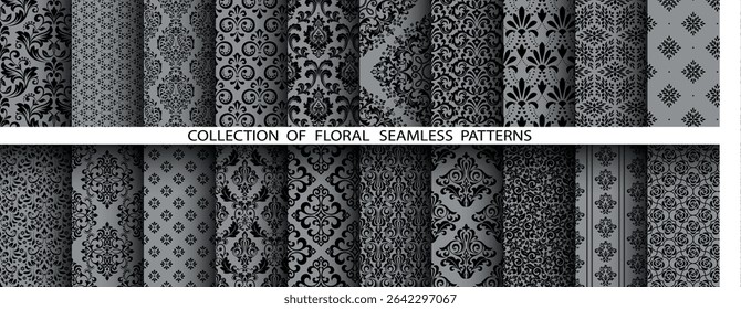 Geometric floral set of seamless patterns. Gray and black vector backgrounds. Damask graphic ornaments