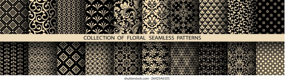Geometric floral set of seamless patterns. Golden and black vector backgrounds. Damask graphic ornaments