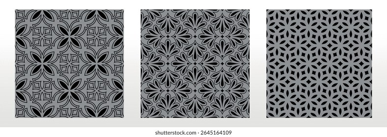 Geometric floral set of seamless patterns. Gray and black vector backgrounds. Damask graphic ornaments