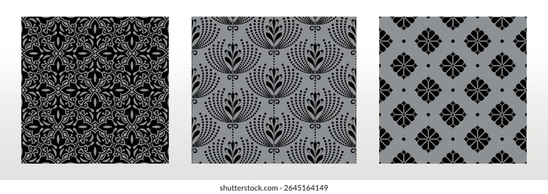 Geometric floral set of seamless patterns. Gray and black vector backgrounds. Damask graphic ornaments