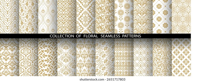 Conjunto floral geométrico de patrones sin costuras. Fondos de Vector blanco y dorado. Adornos gráficos de Damasco