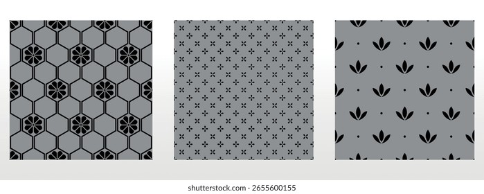 Geometric floral set of seamless patterns. Gray and black vector backgrounds. Damask graphic ornaments