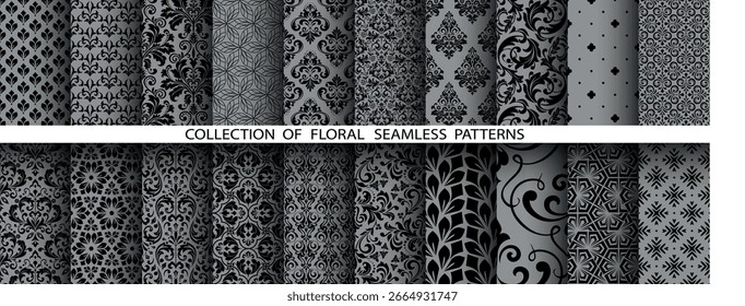 Conjunto floral geométrico de padrões sem emenda. Planos de fundo vetoriais cinza e preto. Ornamentos gráficos Damask