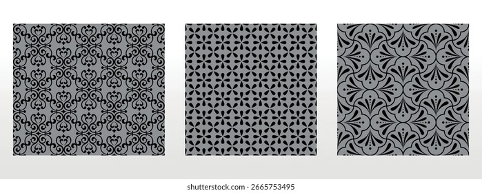 Conjunto floral geométrico de patrones sin costuras. Fondos de Vector gris y negro. Adornos gráficos de Damasco