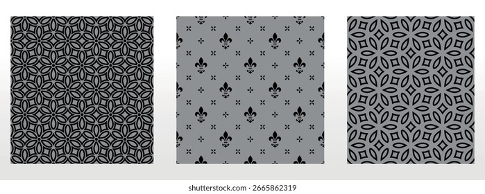 Conjunto floral geométrico de patrones sin costuras. Fondos de Vector gris y negro. Adornos gráficos de Damasco