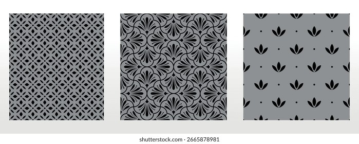 Conjunto floral geométrico de padrões sem emenda. Planos de fundo vetoriais cinza e preto. Ornamentos gráficos Damask