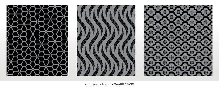 Conjunto floral geométrico de padrões sem emenda. Planos de fundo vetoriais cinza e preto. Ornamentos gráficos Damask