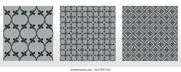 Conjunto floral geométrico de patrones sin costuras. Fondos de Vector gris y negro. Adornos gráficos de Damasco