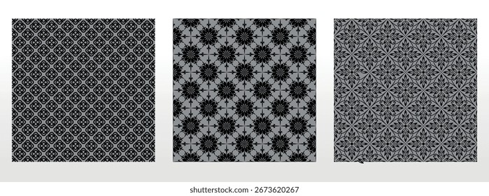 Conjunto floral geométrico de patrones sin costuras. Fondos de Vector gris y negro. Adornos gráficos de Damasco