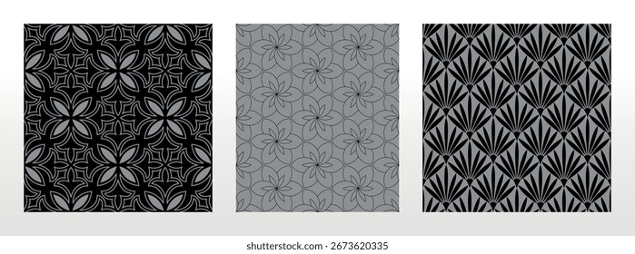 Conjunto floral geométrico de patrones sin costuras. Fondos de Vector gris y negro. Adornos gráficos de Damasco