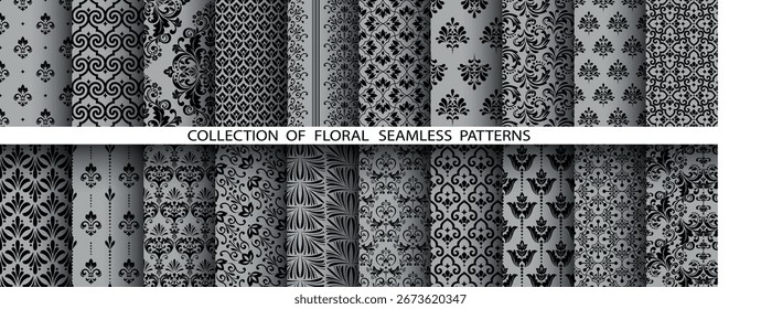 Conjunto floral geométrico de patrones sin costuras. Fondos de Vector gris y negro. Adornos gráficos de Damasco