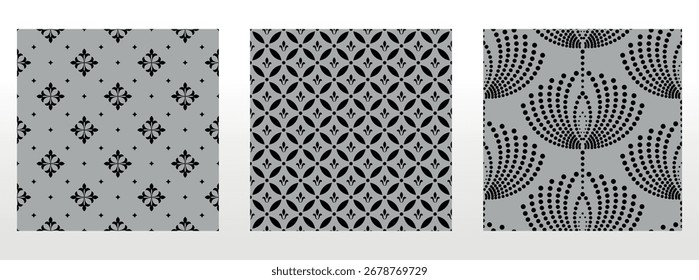 Conjunto floral geométrico de padrões sem emenda. Planos de fundo vetoriais cinza e preto. Ornamentos gráficos Damask
