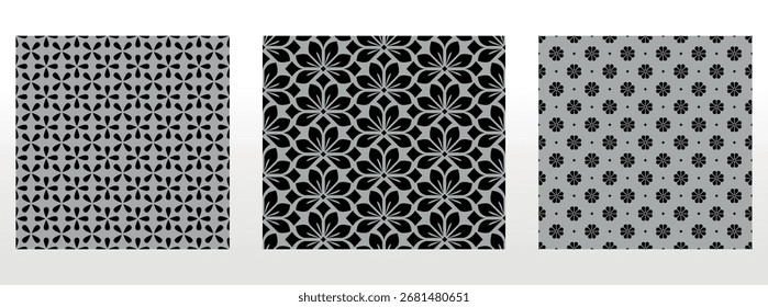 Conjunto floral geométrico de patrones sin costuras. Fondos de Vector gris y negro. Adornos gráficos de Damasco