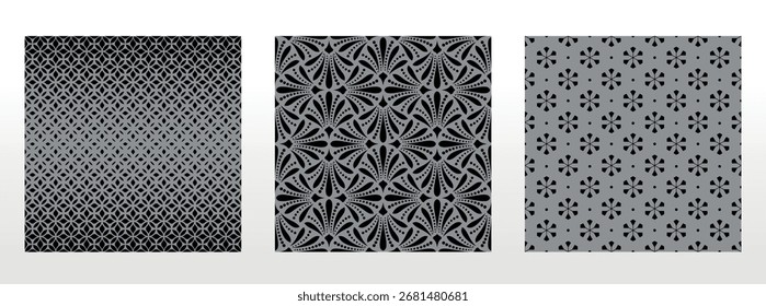 Geometric floral set of seamless patterns. Gray and black vector backgrounds. Damask graphic ornaments