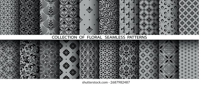 Conjunto floral geométrico de patrones sin costuras. Fondos de Vector blanco y negro. Adornos gráficos de damasco.