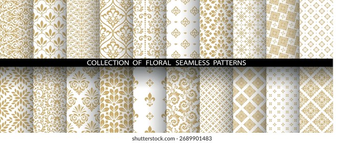 Geometrisches Blumenset nahtloser Muster. Weiße und goldene Vektorhintergründe. Damaszener Grafikschmuck