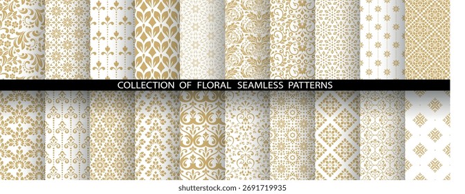 Geometrisches Blumenset nahtloser Muster. Weiße und goldene Vektorhintergründe. Damaszener Grafikschmuck