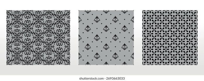 Geometrisches Blumenset nahtloser Muster. Graue und schwarze Vektorhintergründe. Damaszener Grafikschmuck