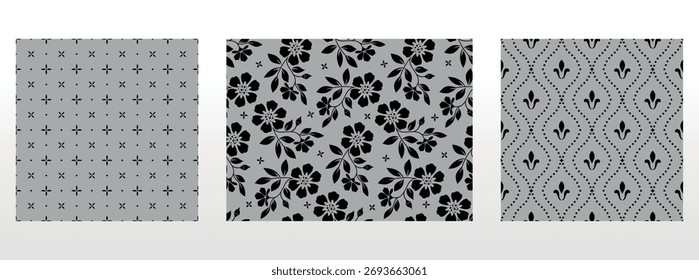 Geometric floral set of seamless patterns. Gray and black vector backgrounds. Damask graphic ornaments