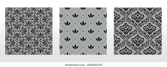 Conjunto floral geométrico de patrones sin costuras. Fondos de Vector gris y negro. Adornos gráficos de Damasco