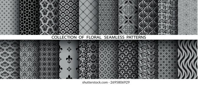 Conjunto floral geométrico de patrones sin costuras. Fondos de Vector gris y negro. Adornos gráficos de Damasco