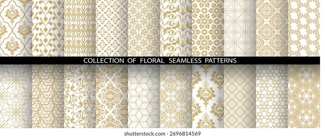 Geometric floral set of seamless patterns. White and golden vector backgrounds. Damask graphic ornaments