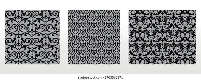 Conjunto floral geométrico de patrones sin costuras. Fondos de Vector gris y negro. Adornos gráficos de Damasco