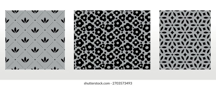 Geometrisches Blumenset nahtloser Muster. Graue und schwarze Vektorhintergründe. Damaszener Grafikschmuck