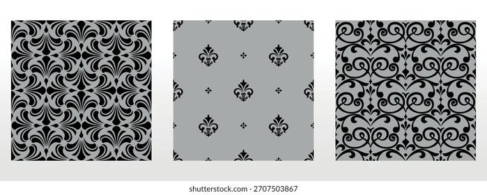 Conjunto floral geométrico de patrones sin costuras. Fondos de Vector gris y negro. Adornos gráficos de Damasco