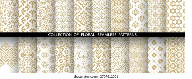 Conjunto floral geométrico de patrones sin costuras. Fondos de Vector blanco y dorado. Adornos gráficos de Damasco