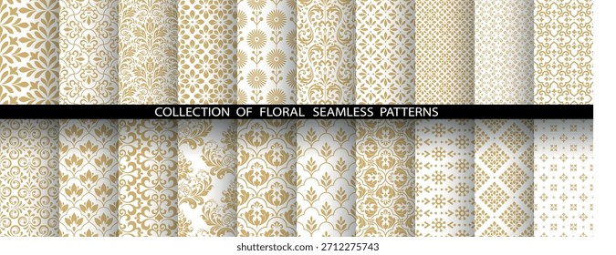 Geometric floral set of seamless patterns. White and golden vector backgrounds. Damask graphic ornaments