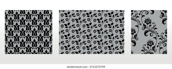 Geometric floral set of seamless patterns. Gray and black vector backgrounds. Damask graphic ornaments