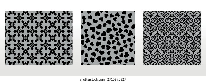 Geometrisches Blumenset nahtloser Muster. Graue und schwarze Vektorhintergründe. Damaszener Grafikschmuck