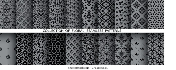 Geometric floral set of seamless patterns. Gray and black vector backgrounds. Damask graphic ornaments