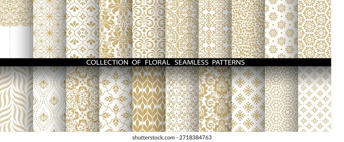 Conjunto floral geométrico de patrones sin costuras. Fondos de Vector blanco y dorado. Adornos gráficos de Damasco