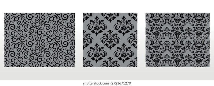 Geometric floral set of seamless patterns. Gray and black vector backgrounds. Damask graphic ornaments