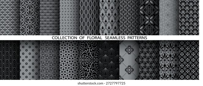 Conjunto floral geométrico de patrones sin costuras. Fondos de Vector gris y negro. Adornos gráficos de Damasco