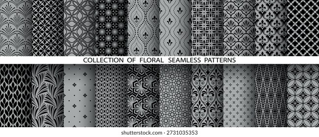 Conjunto floral geométrico de patrones sin costuras. Fondos de Vector gris y negro. Adornos gráficos de Damasco