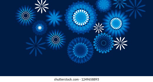 Geometric floral style snowflakes pattern on blue background for elegant xmas card, invitation, banner. Vector stock illustration.