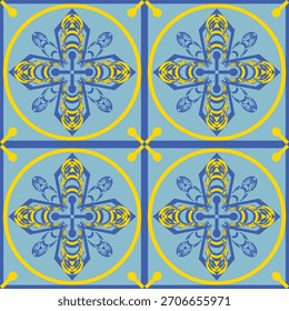 Um padrão de azulejo floral geométrico em azul e amarelo, ideal para arte de parede, impressões de tecido, fundos decorativos ou projetos de design de padrão. Adequado para temas modernos ou de inspiração mediterrânea.