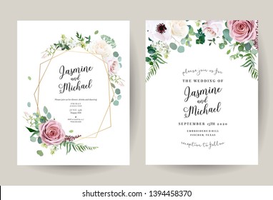 Geometric Floral Vector Design Frames. Dusty Pink Rose, Anemone, White Lilac, Eucalyptus, Greenery. Trendy Wedding Green And Flowers Rustic Cards. Golden Geometry Style Line Art. Isolated And Editable