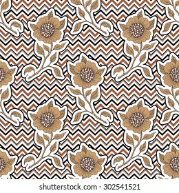 Geometric and floral vector pattern in retro style, creative flower on modern zigzag texture, abstract background, wrapping paper, 50s, 60s, 70s fashion style, trendy fabric, template for design