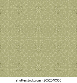Geometric floral vector seamless pattern with white lace and dark green hearts on green background. Art Deco monochrome organic line texture for wallpaper, home decor and fashion fabrics.