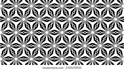 Geometric floral-like seamless pattern in black and white with repeating symmetrical shapes.