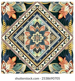 A geometric floral-patterned design with a flower in a corner. The seamless design is made up of many flowers and leaves. Scene is one of elegance for scarf, fabric, cloth, carpet or dress