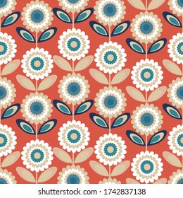 Geometric florals. Scandinavian folk art vector seamless repeat pattern. Perfect for home decor, fabrics, upholstery, wallpaper, print and packaging, kids products and stationary, 

