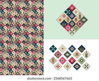 Geometric floreal mosaic, fla pattern for abstract element. set of image