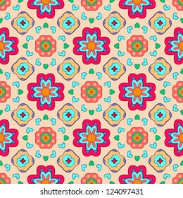 Geometric flower abstract colorful pattern on black background. Vector illustration for your fashion design. Easy to use. Seamless endless funny spring pattern.